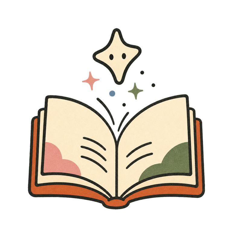 An open storybook with stars rising from the pages